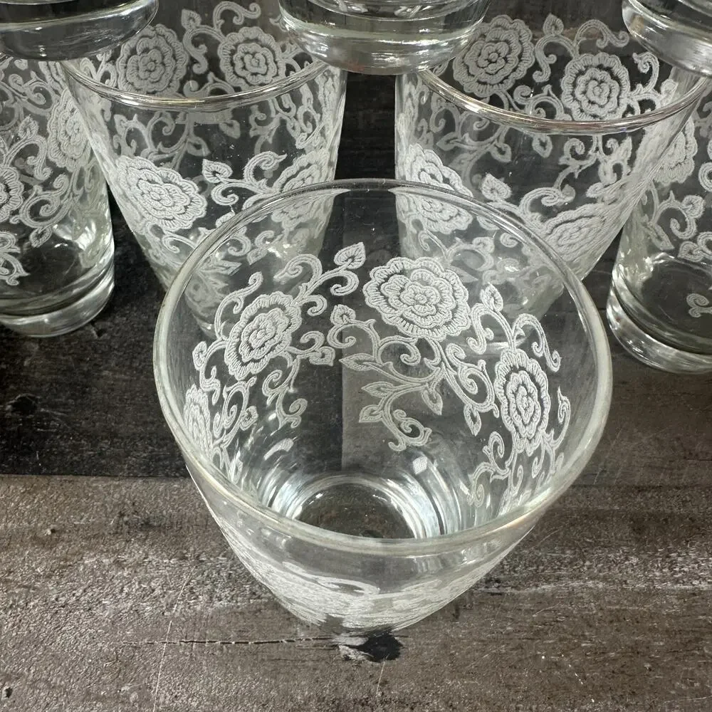 Set of‎ 8 MCM LACE Highball Glasses White Stenciled Floral Lace Gold Trim